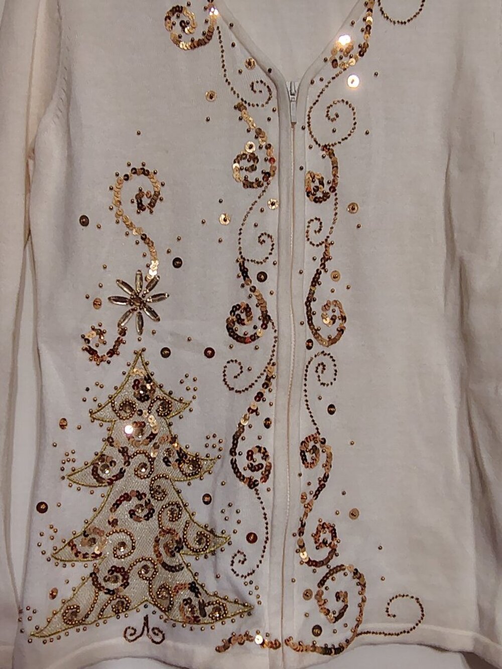 Jack B. Quick Small Holiday Zip Cardigan Sweater Gold Sequin Christmas Tree